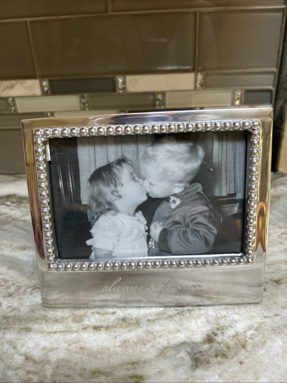 MARIPOSA PEARL EDGE metal  4” X 6” Silver Tone Always & Forever picture frame